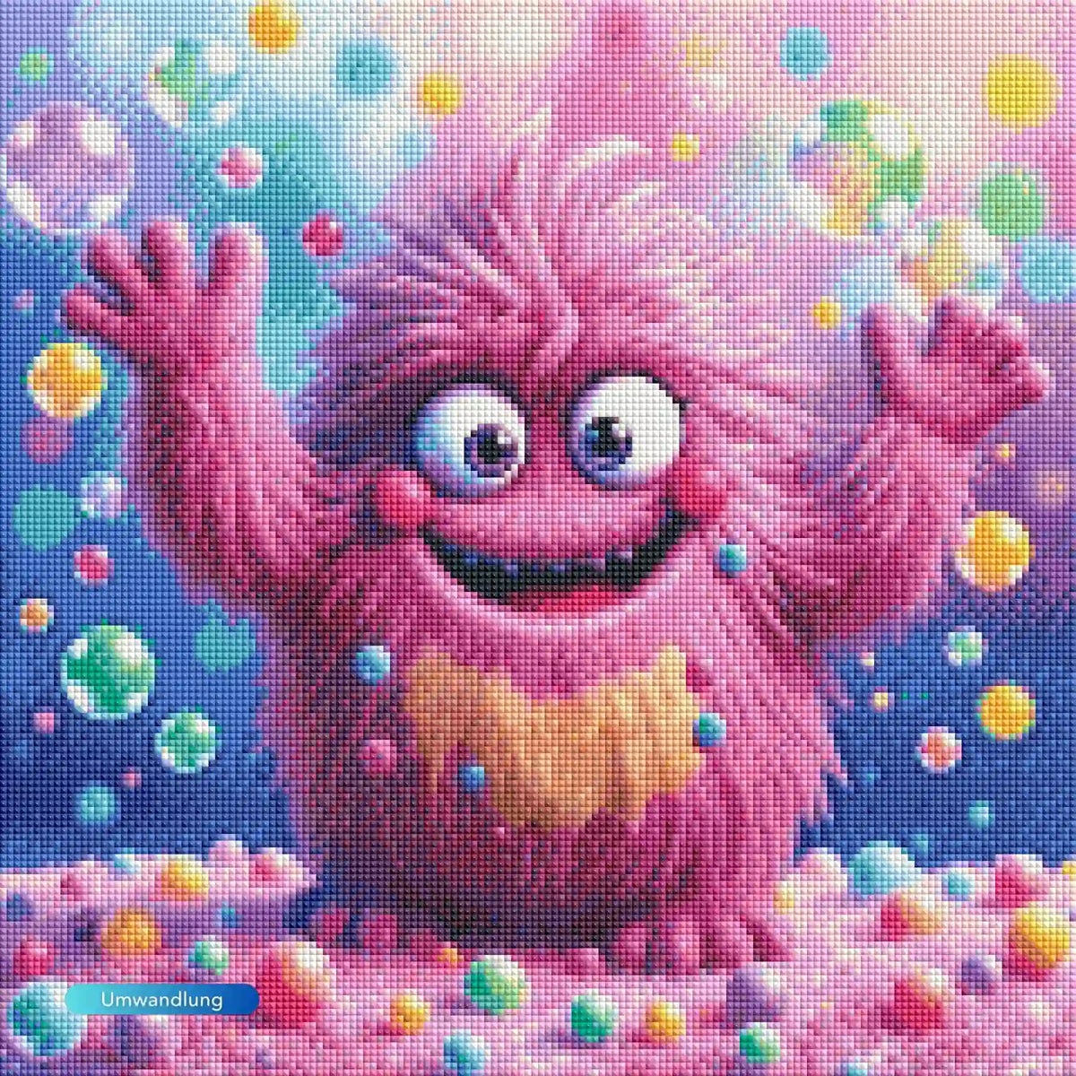 Diamond Painting Set mit niedlichem, flauschigem pinken Comic-Monster Eckbert umgeben von bunten Blasen.