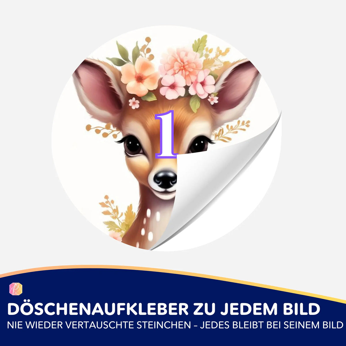 Runder Döschenaufkleber mit Bambi-Motiv und Blumenschmuck für die Organisation beim Diamond Painting Zubehör