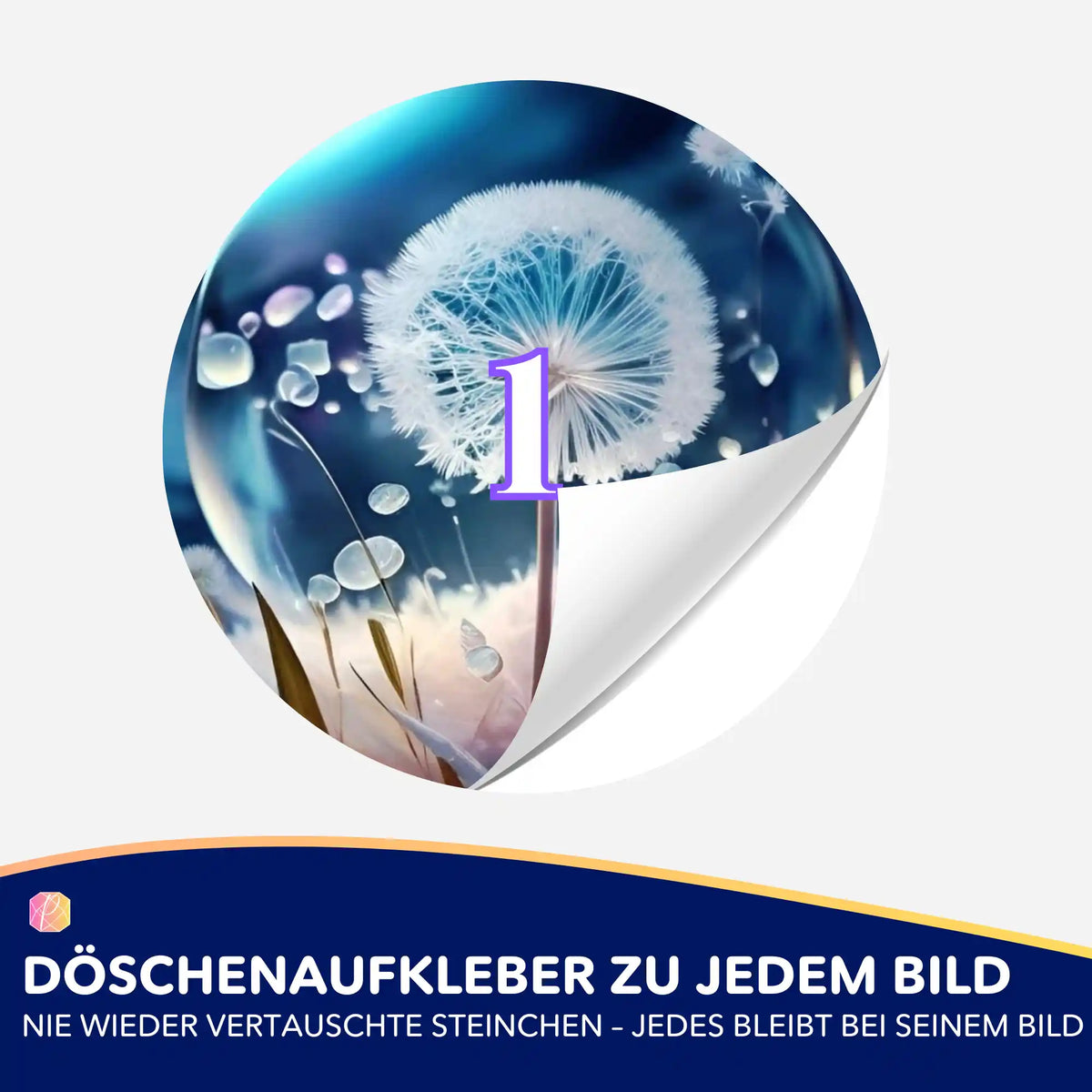 Runder Döschenaufkleber mit Pusteblumen-Motiv für die einfache Sortierung der Steinchen bei deinem Diamond Painting Set