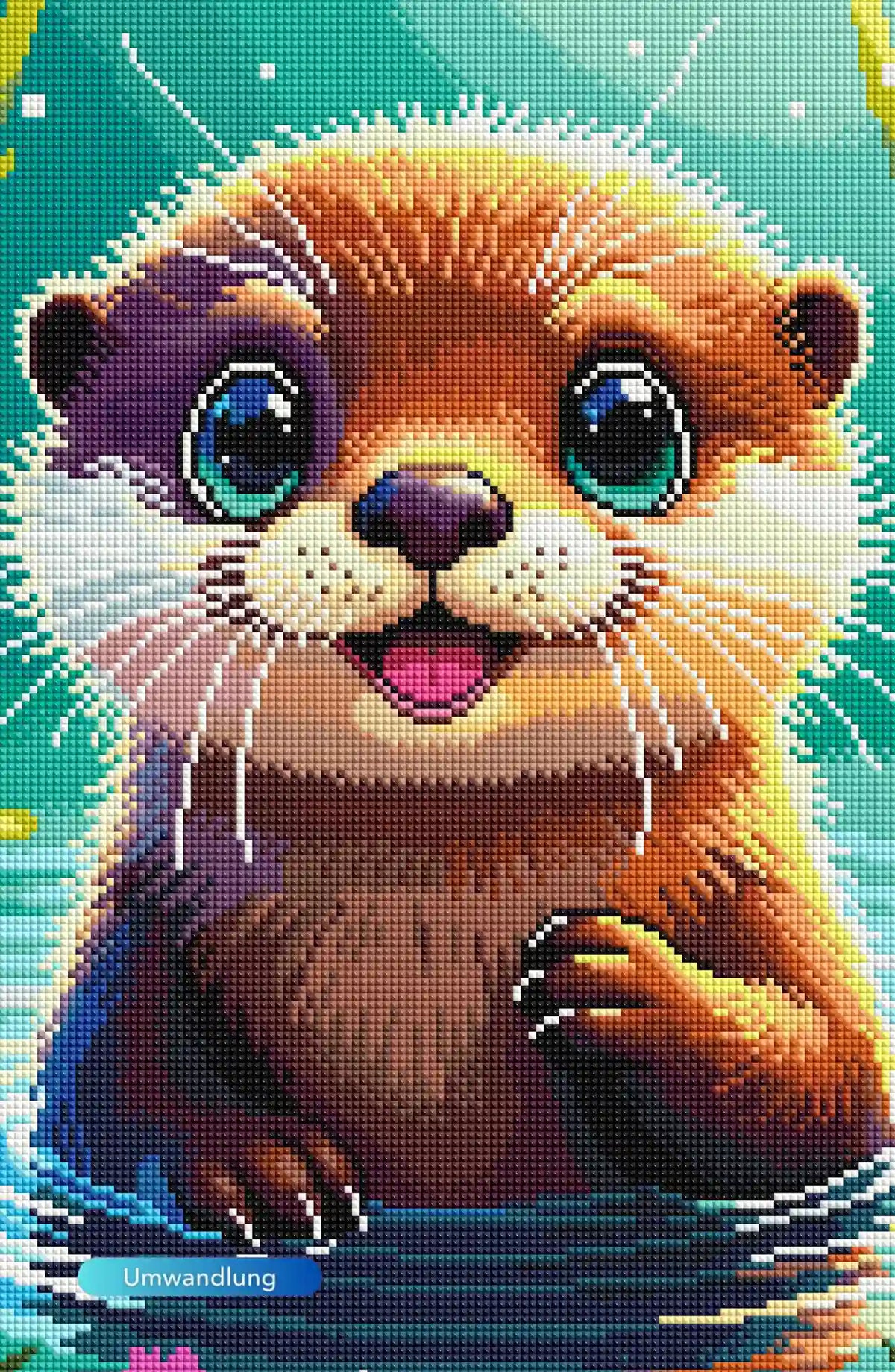 Diamond Painting Set eines niedlichen Otterbabys mit großen blauen Augen und braunem Fell im Wasser