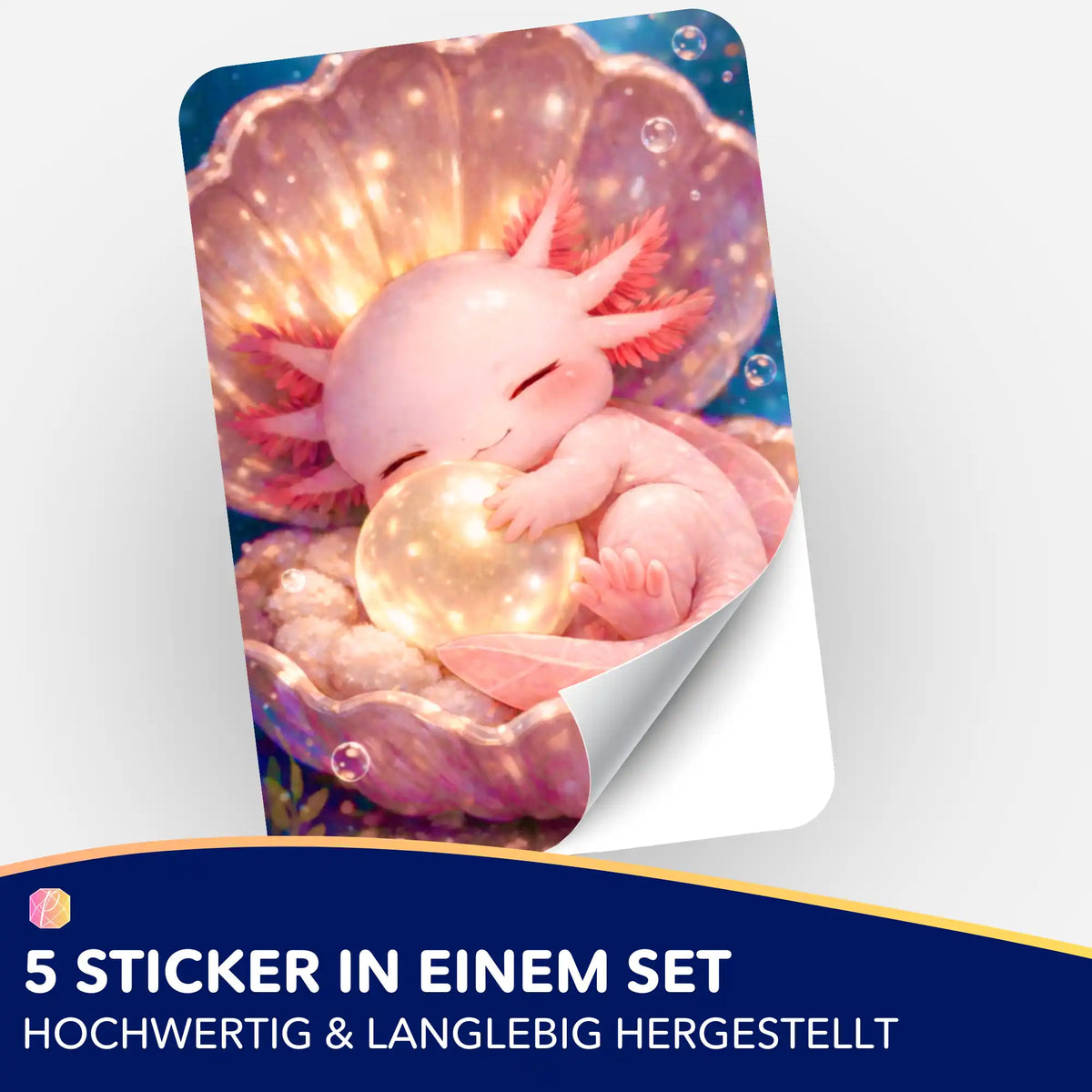 5-teiliges Aufkleber-Set mit süßem Axolotl-Motiv in einer Muschel, ideal zur Organisation von Diamond Painting Zubehör.