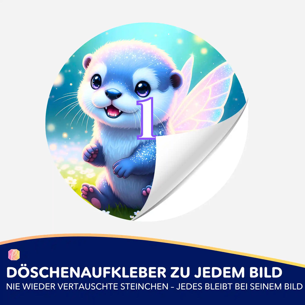 Runder Döschenaufkleber mit Feenotter Mira Motiv zur Organisation von Diamond Painting Steinchen