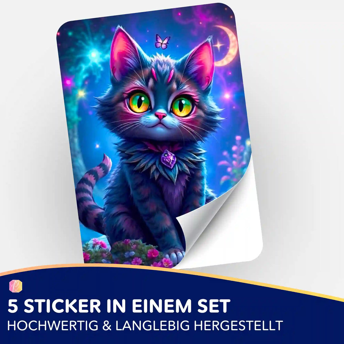 Night Cat Sticker aus dem Diamond Painting Zubehör: farbenfrohes Katzenmotiv mit Mond und Schmetterling.