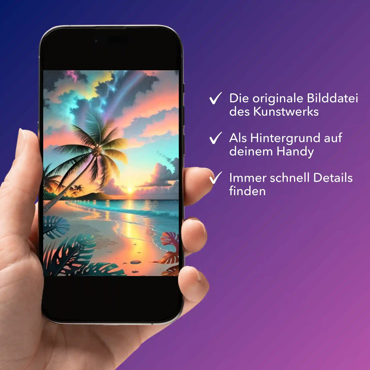 Digitale Bildmappe für Diamond Painting als Smartphone-Hintergrund mit buntem Palmen-Motiv am Abendhimmel