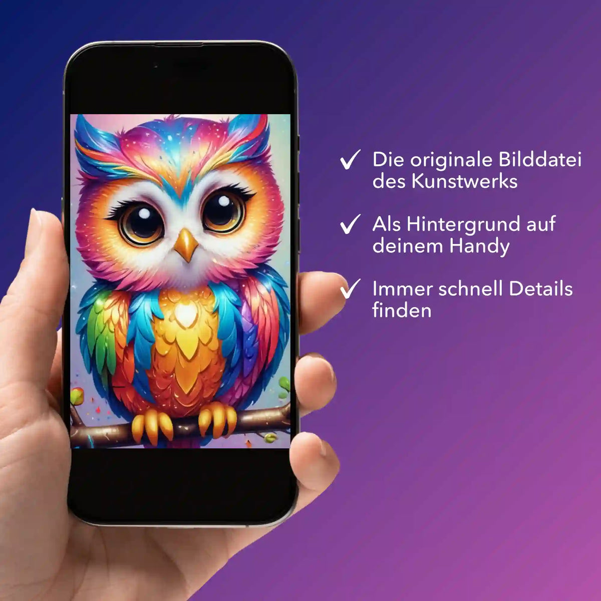 Smartphone mit buntem Eulen-Motiv der digitalen Bildmappe für Diamond Painting Erwachsene und Malen nach Zahlen Designs.