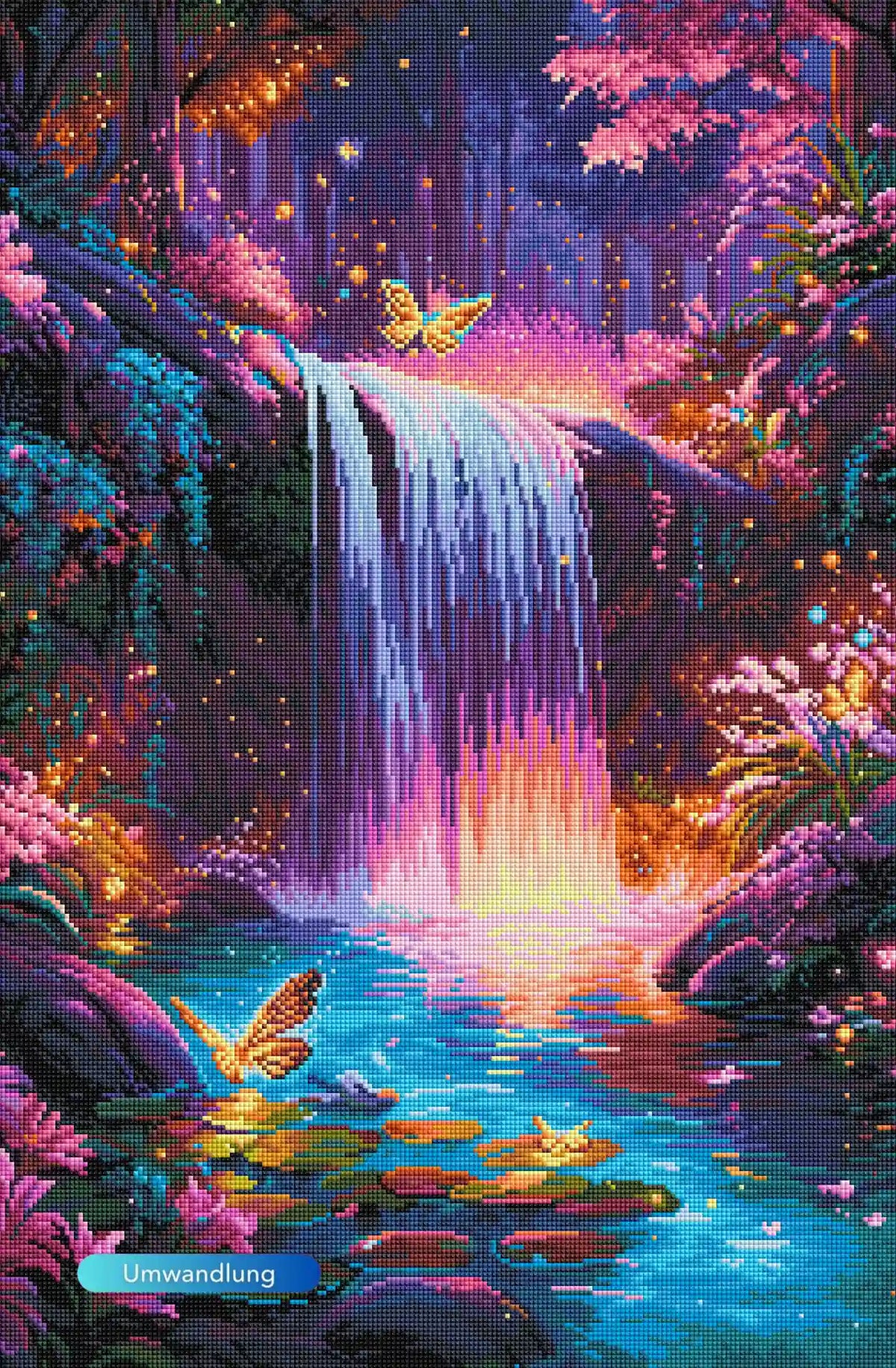 Diamond Painting Hain der erwachten Farben: Fantasiewald mit magischem Wasserfall, rosa Blüten und Schmetterlingen.
