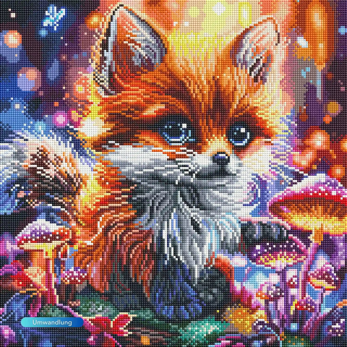 Diamond Painting Set Fynni: Süßer kleiner Fuchs im magischen Wald mit bunten Pilzen und funkelnden Farben