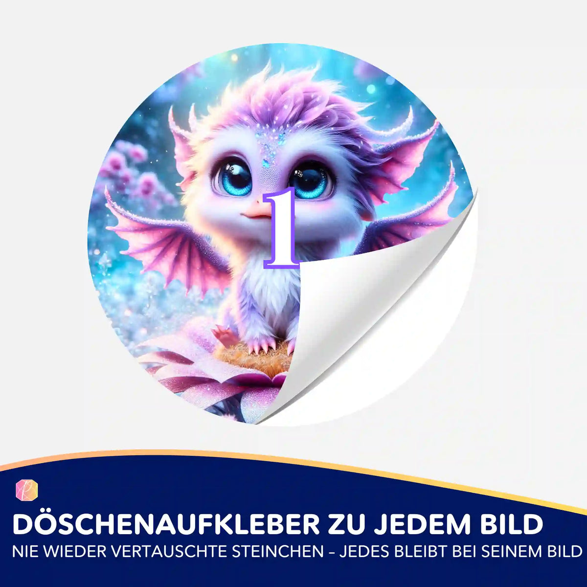 Runder Döschenaufkleber mit niedlichem Fantasie-Drachen für Diamond Painting Zubehör zur Sortierung der Steinchen.