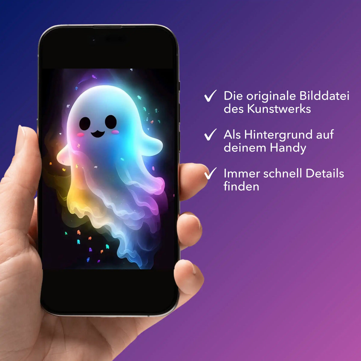 Smartphone mit digitaler Bildmappe vom Motiv Kleines Gespenst für dein Diamond Painting oder Malen nach Zahlen Projekt.