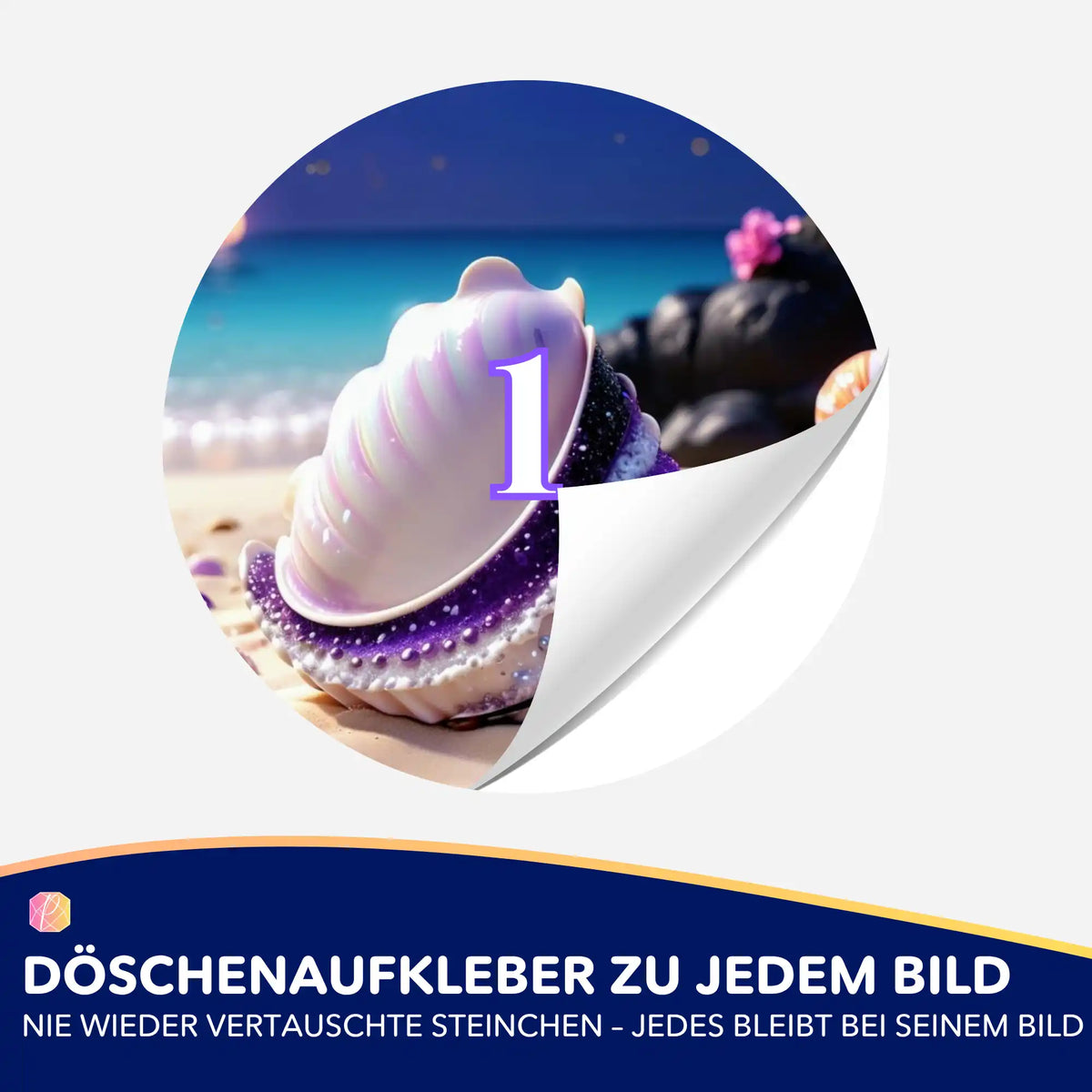 Runder Döschenaufkleber mit Muschel-Motiv in Violett zur Organisation von Diamond Painting Steinchen