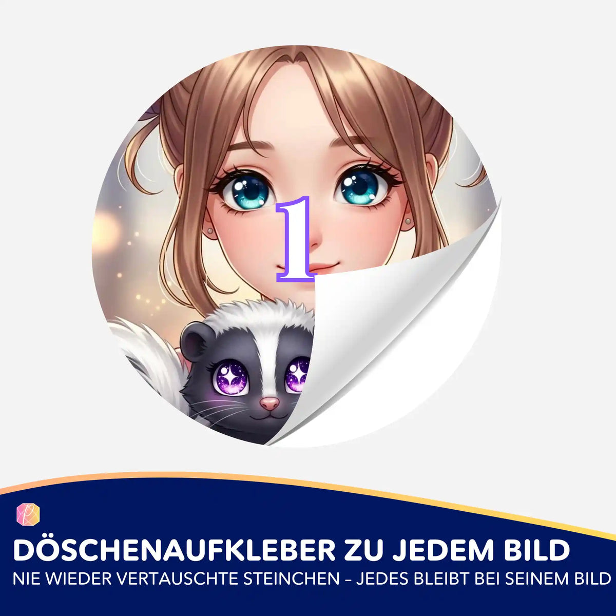 Runde Döschenaufkleber für Diamond Painting mit Yuna & Puki Anime-Motiv zur einfachen Sortierung der Diamanten Steinchen.