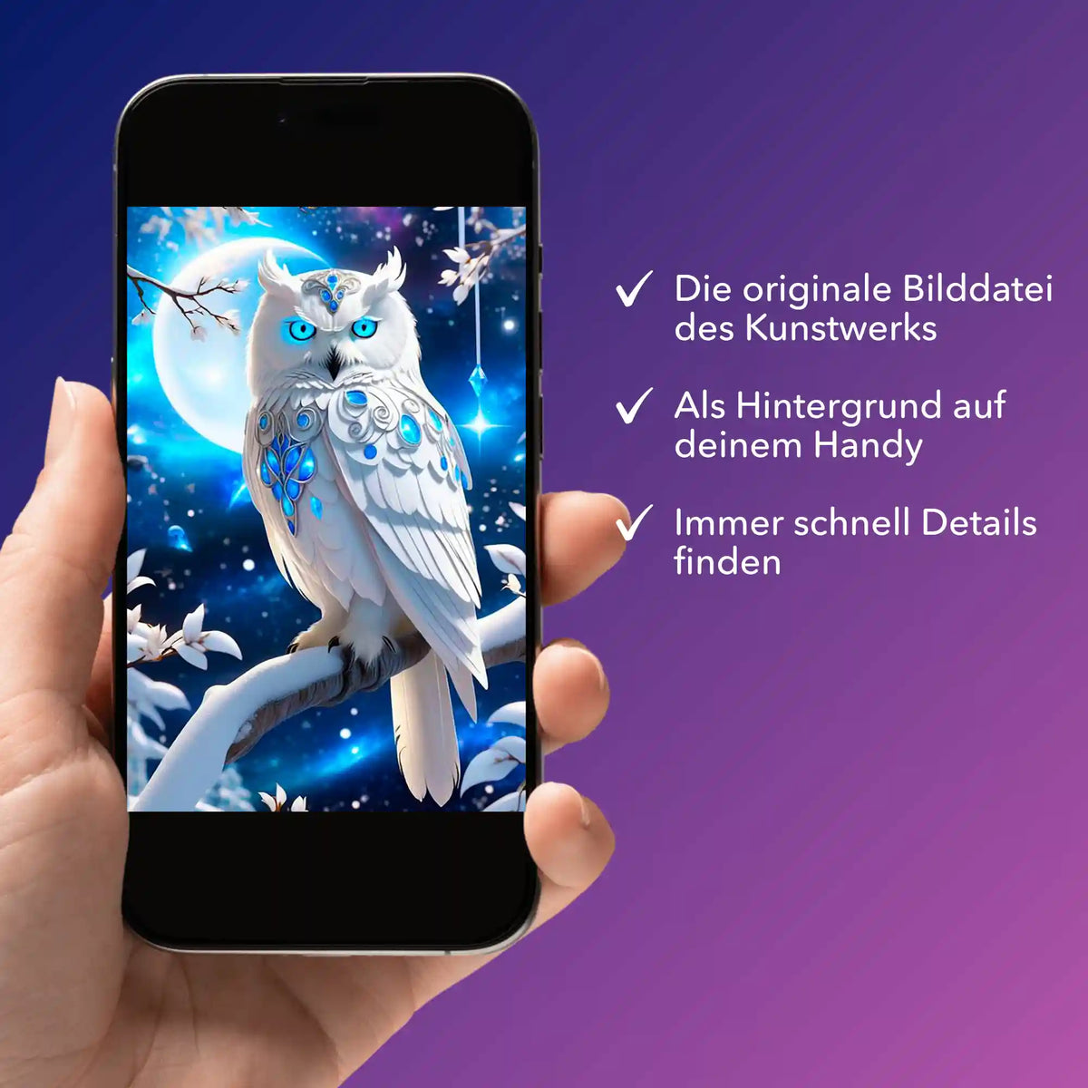 Smartphone mit digitaler Bildmappe vom Diamond Painting Motiv Eule mit blauen Augen für DIY-Fans