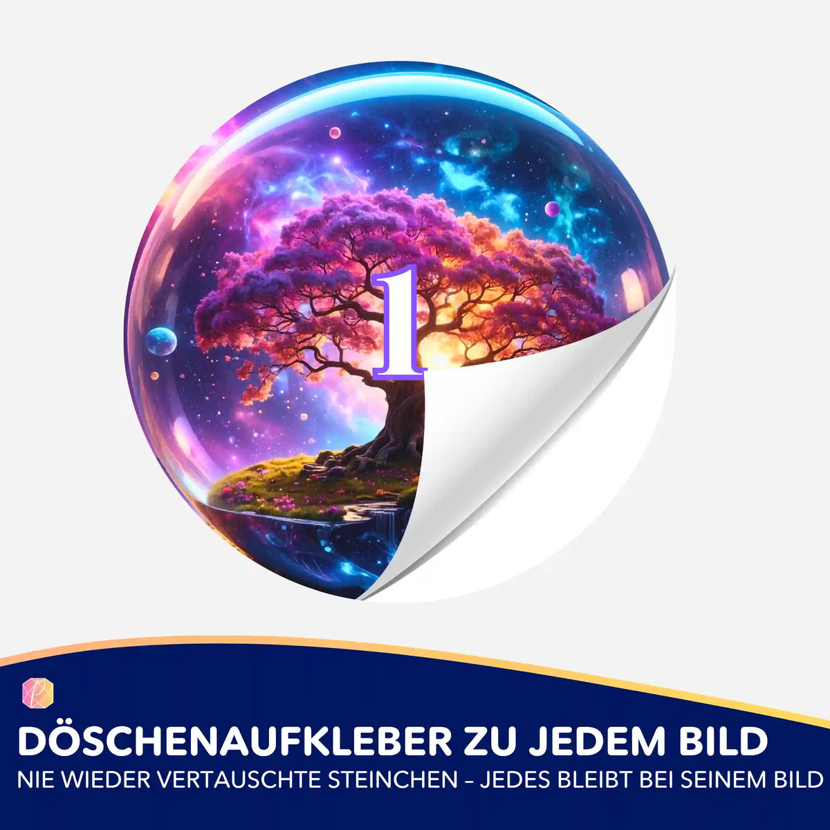 Bunt gestalteter Döschenaufkleber mit Fantasy-Baum-Motiv für die einfache Sortierung von Diamond Painting Steinchen.