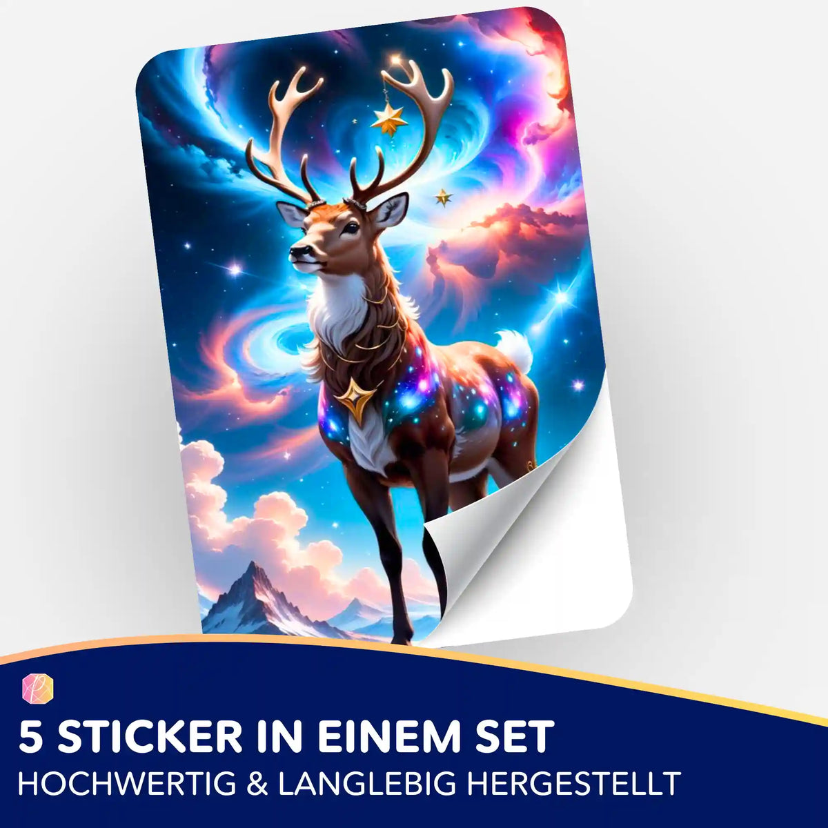 5er-Set Sticker Rentier im Abendzauber für Diamond Painting Organisation mit magischem Galaxie-Motiv und Glitzer-Details