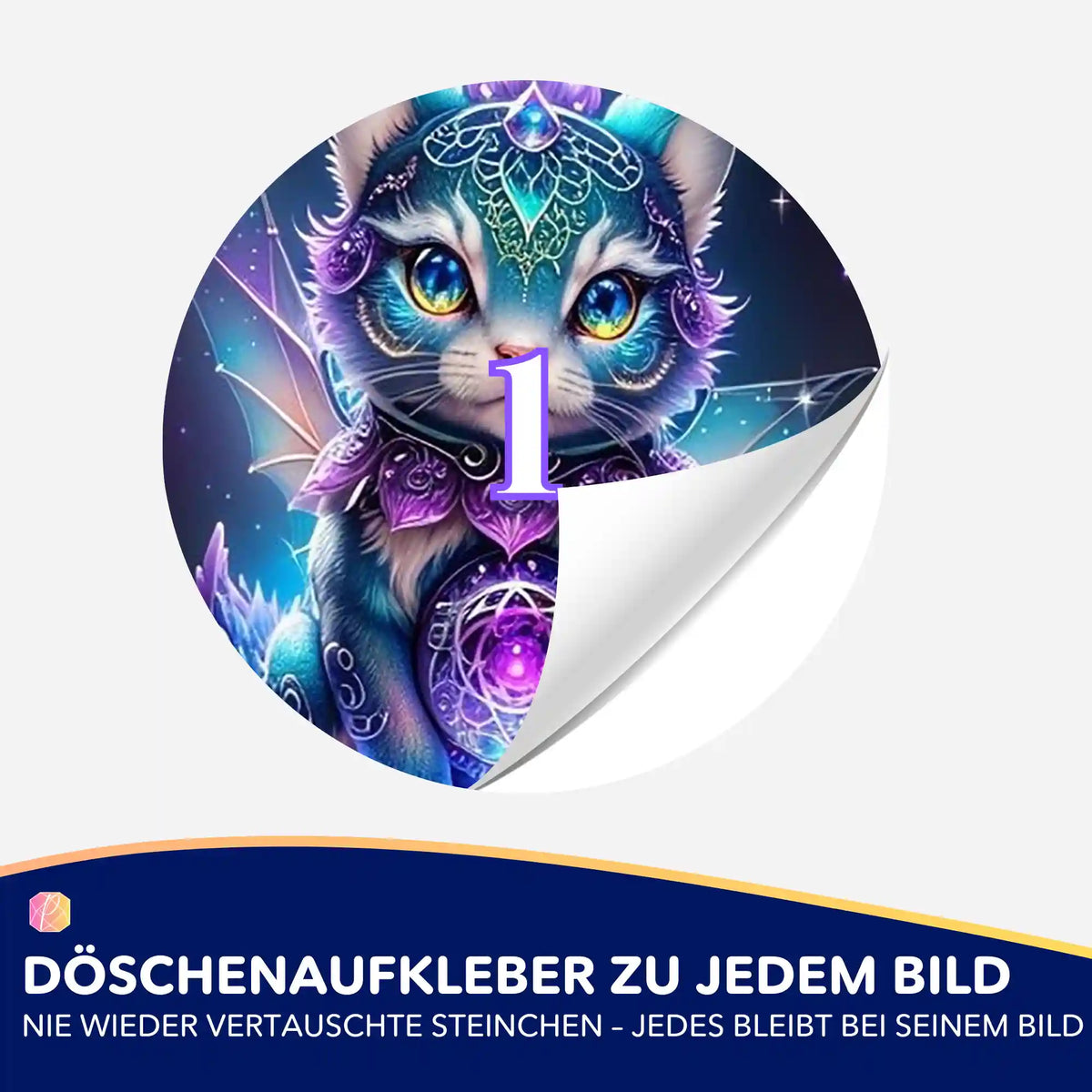 Bunter Döschenaufkleber mit Mystical Kitty Motiv zur Organisation von Diamond Painting Steinchen