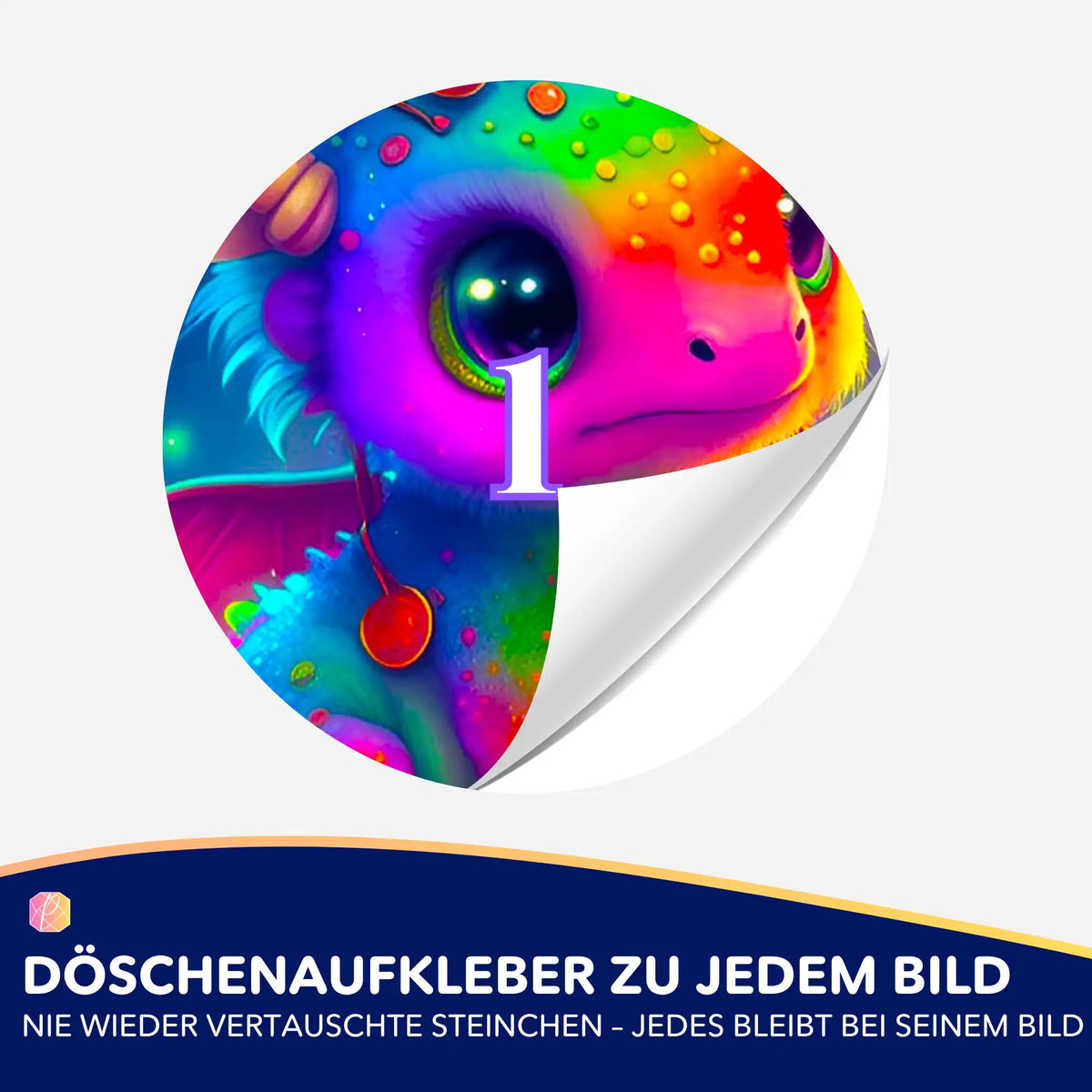 Bunte Regenbogendrache Döschenaufkleber zur Organisation von Diamond Painting Steinchen für ordentliches Basteln.