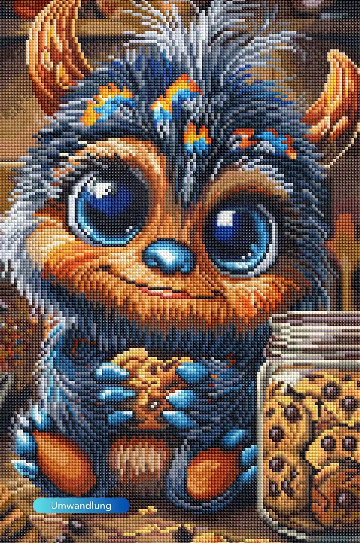 Diamond Painting Set Die Keksfrage: Süßes Fantasy-Wesen mit riesigen Augen und Schokokeks neben einer Keksdose aus Steinen