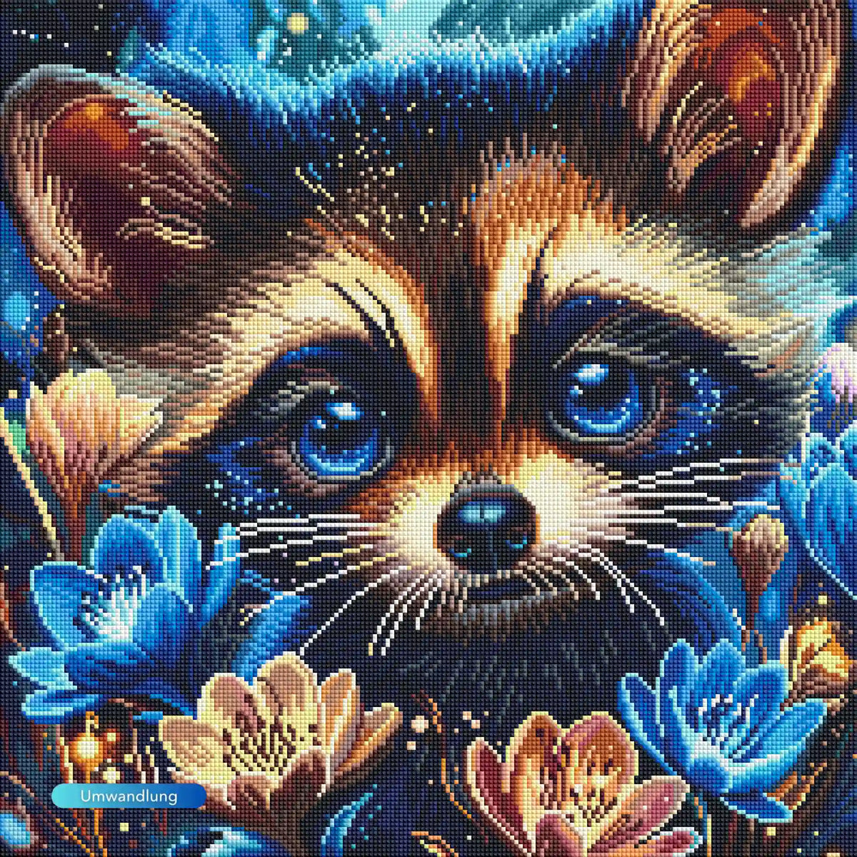 Diamond Painting Set mit niedlichem Waschbär, leuchtend blauen Blumen und funkelnden, detaillierten Augen im Fantasy-Stil.