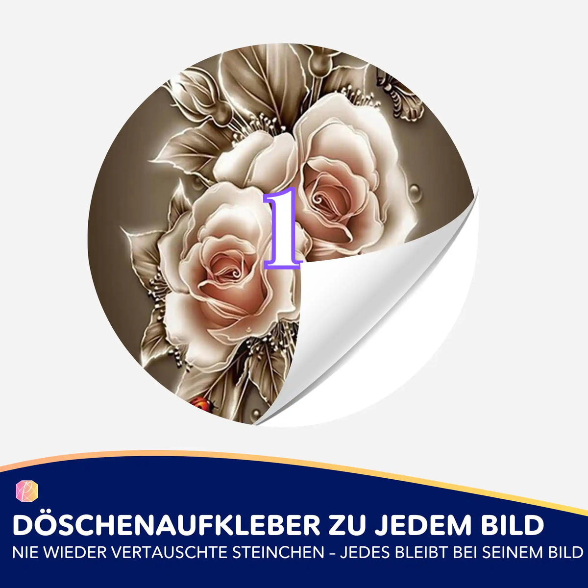 Runder Döschenaufkleber mit goldenem Rosen-Motiv zur Organisation von Diamond Painting Steinchen