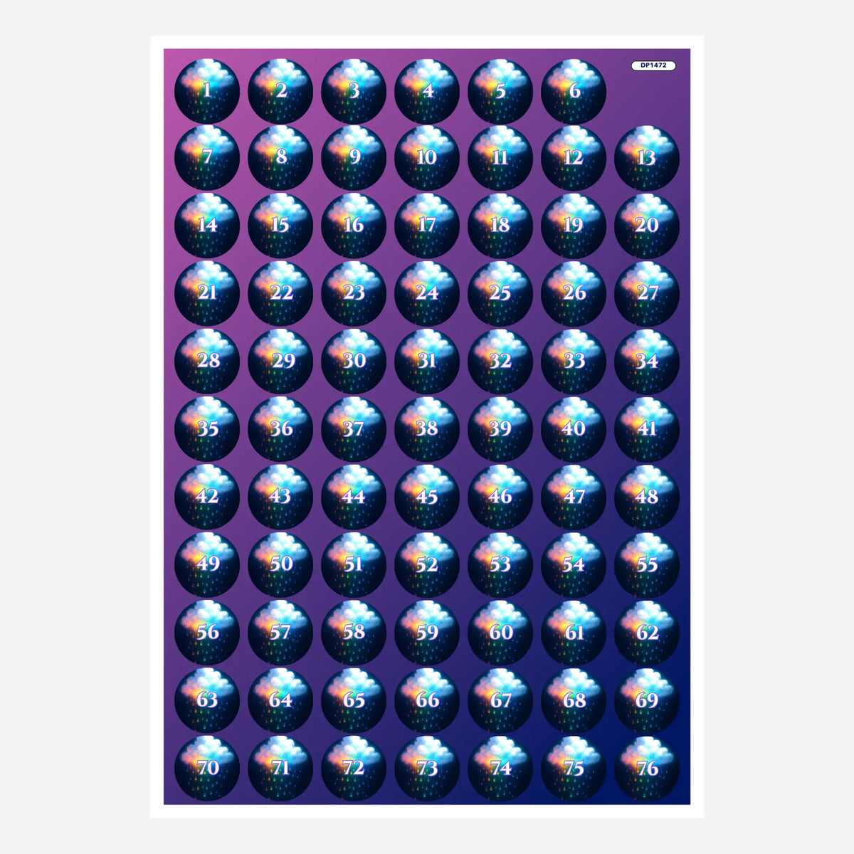 Bogen mit Regenbogenwolken-Döschenaufklebern zur praktischen Organisation von Diamond Painting Steinen 1 bis 76