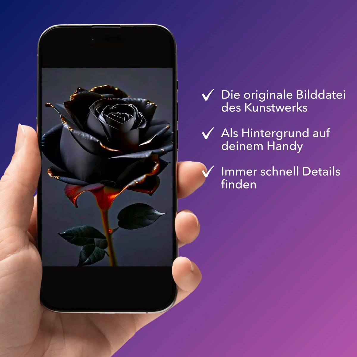 Digitale Bildmappe für Black Rose Diamond Painting auf Smartphone angezeigt zur Nutzung als Hintergrundbild