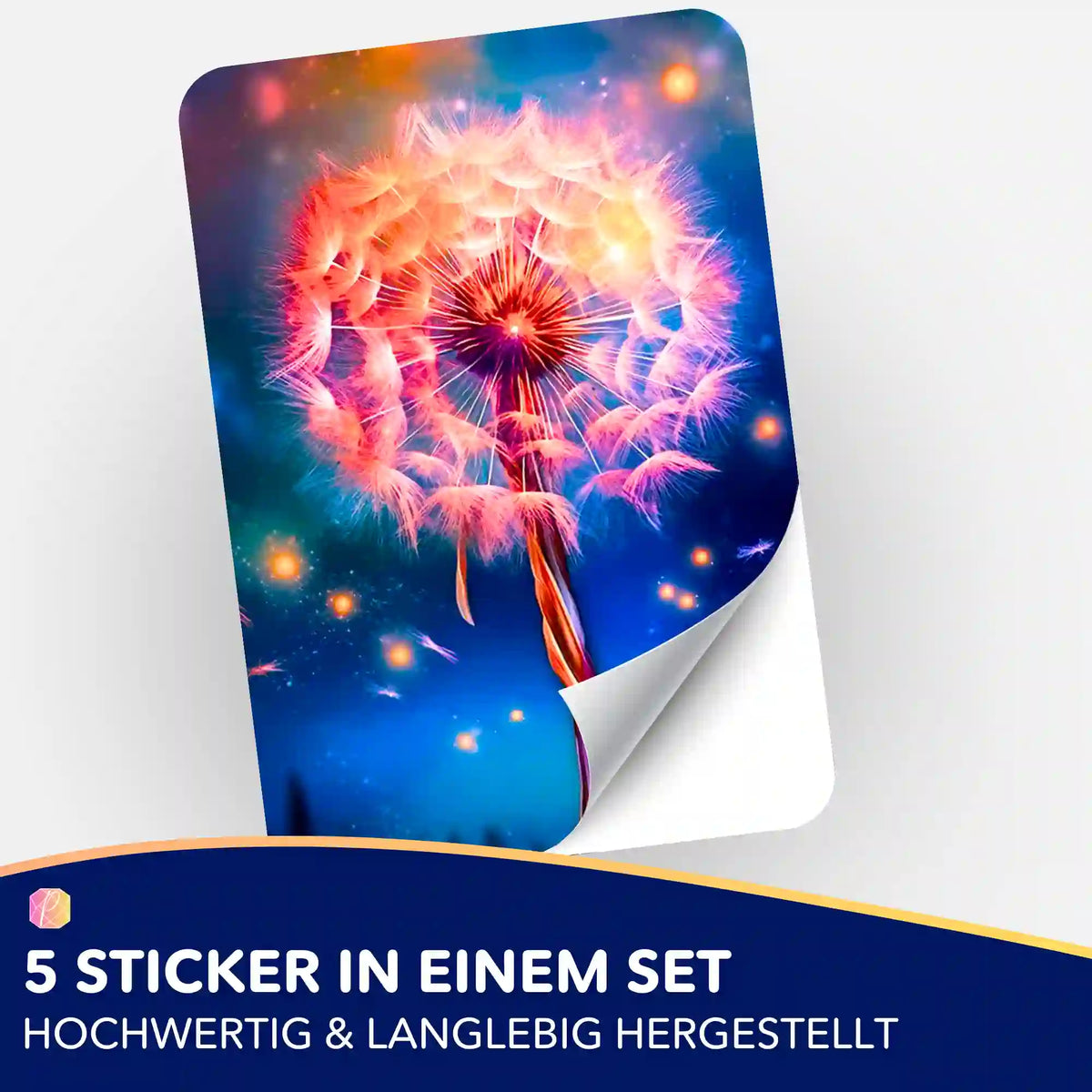 Fly away by Night Aufkleber aus dem Picmondoo Diamond Painting Set mit leuchtender Pusteblume auf blauem Hintergrund