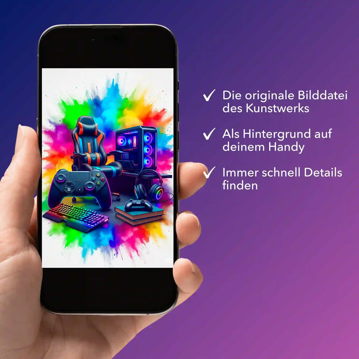 Smartphone zeigt Gaming Zone Motiv als digitale Bildmappe für Diamond Painting und kreative DIY-Projekte