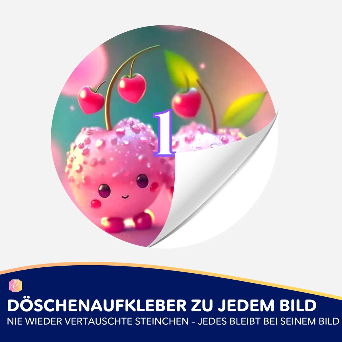 Bunter Döschenaufkleber Sweet Cherrys mit Nummer 1 für die Organisation von Steinen bei deinem Diamond Painting Set.