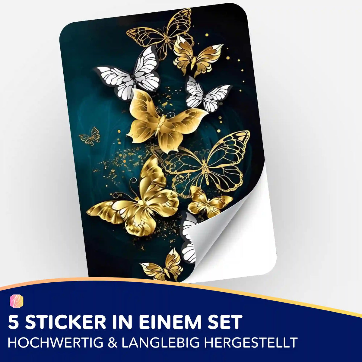 Picmondoo 5er-Set Aufkleber mit Schmetterlings-Motiven in Gold auf dunklem Hintergrund zur Diamond Painting Organisation.