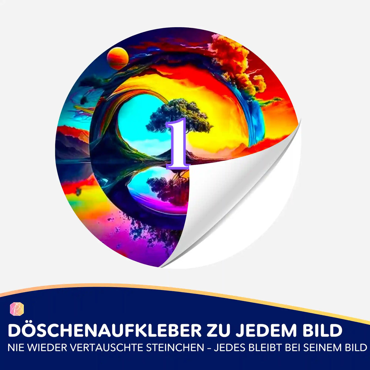 Bunter Döschenaufkleber mit Fantasy-Motiv zur Sortierung von Diamond Painting Steinchen für ordentliches Basteln.