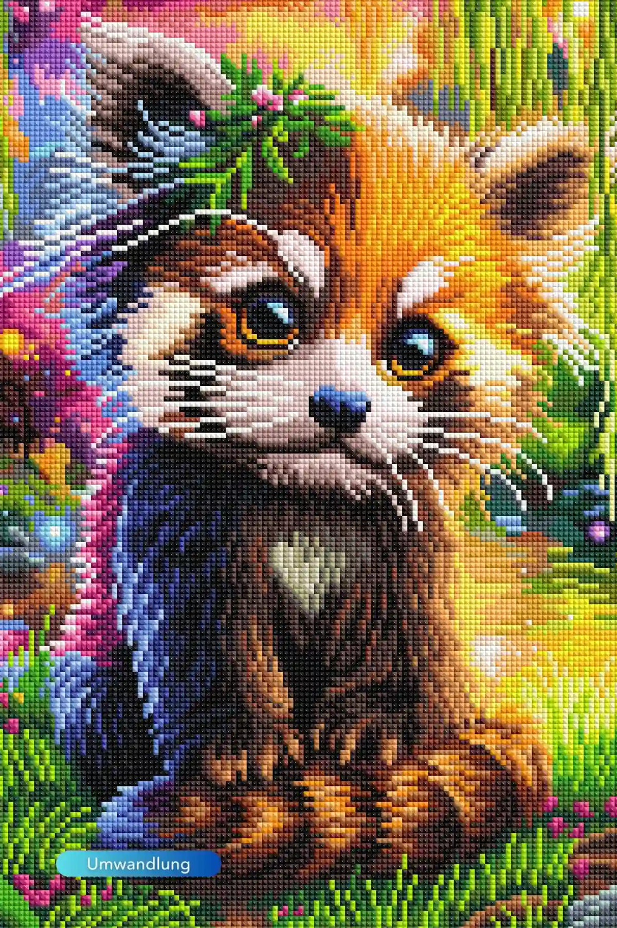 Fertiges Diamond Painting Set mit niedlichem rotem Panda im Märchenwald, bunte Glitzersteine und Blumenkranz