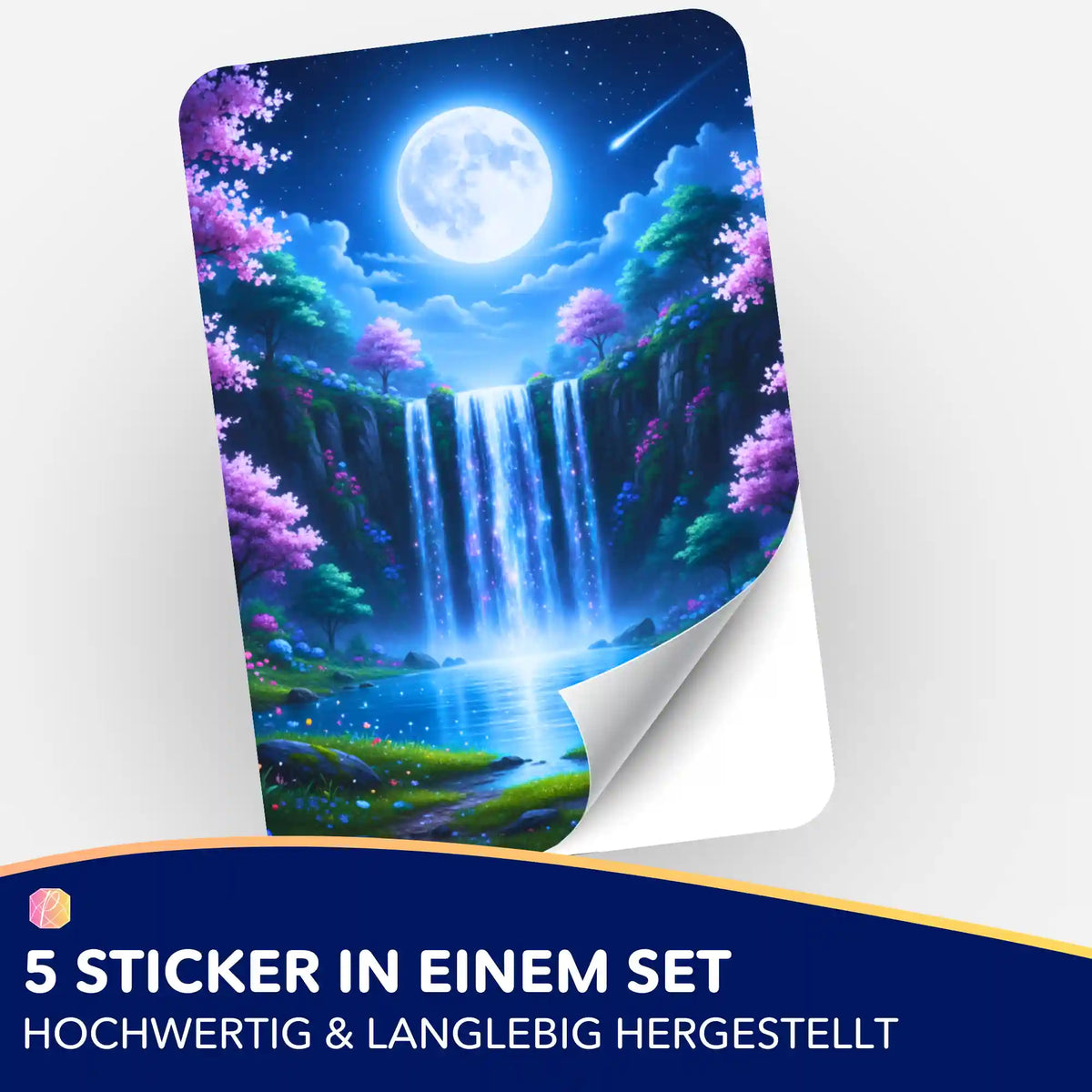 5er-Set Sticker Tal der flüsternden Wasser für Diamond Painting Organisation mit magischem Wasserfall-Motiv und Vollmond.