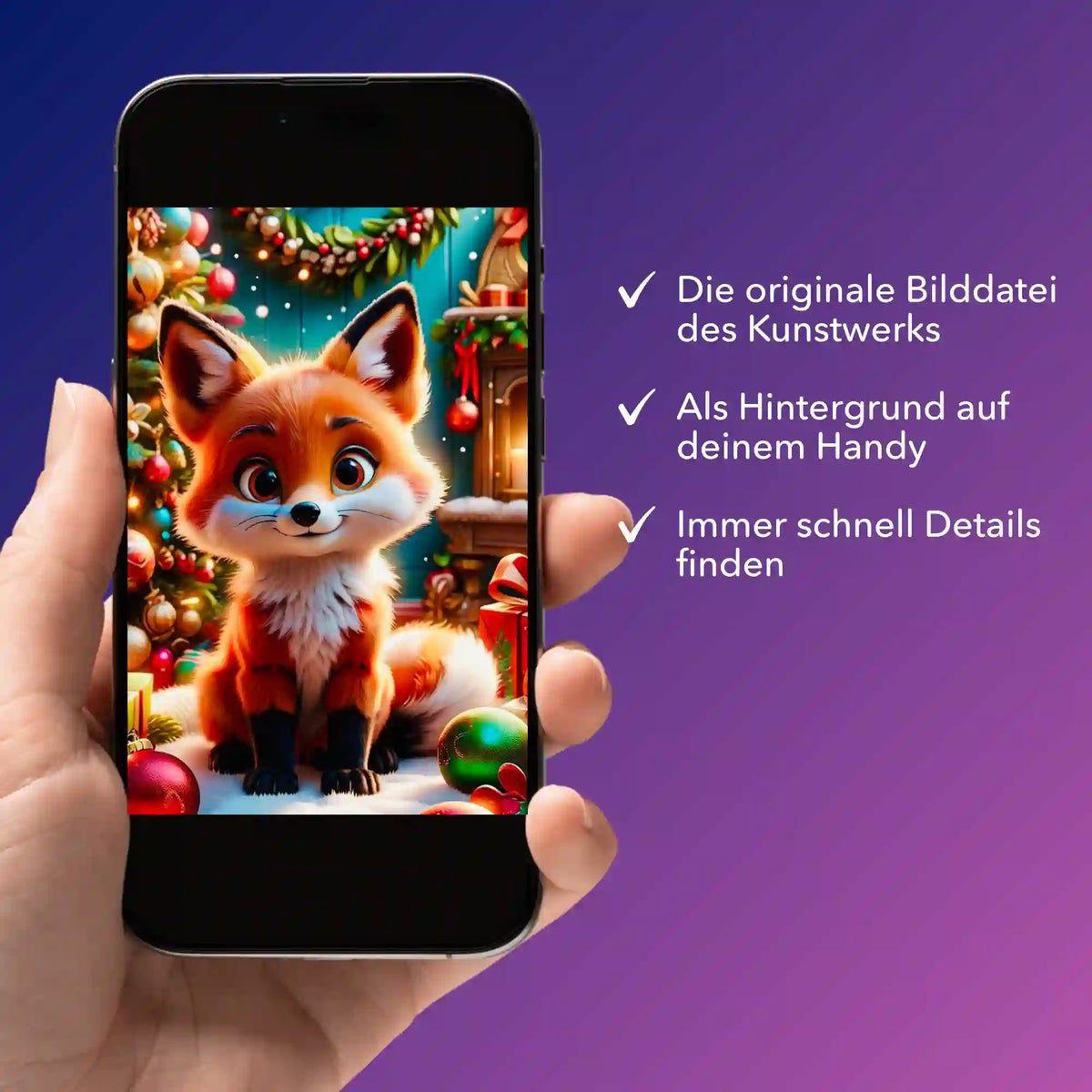 Digitale Bildmappe zum Diamond Painting Foxy: Handy mit niedlichem Fuchs-Motiv für kreative DIY-Bastelprojekte.