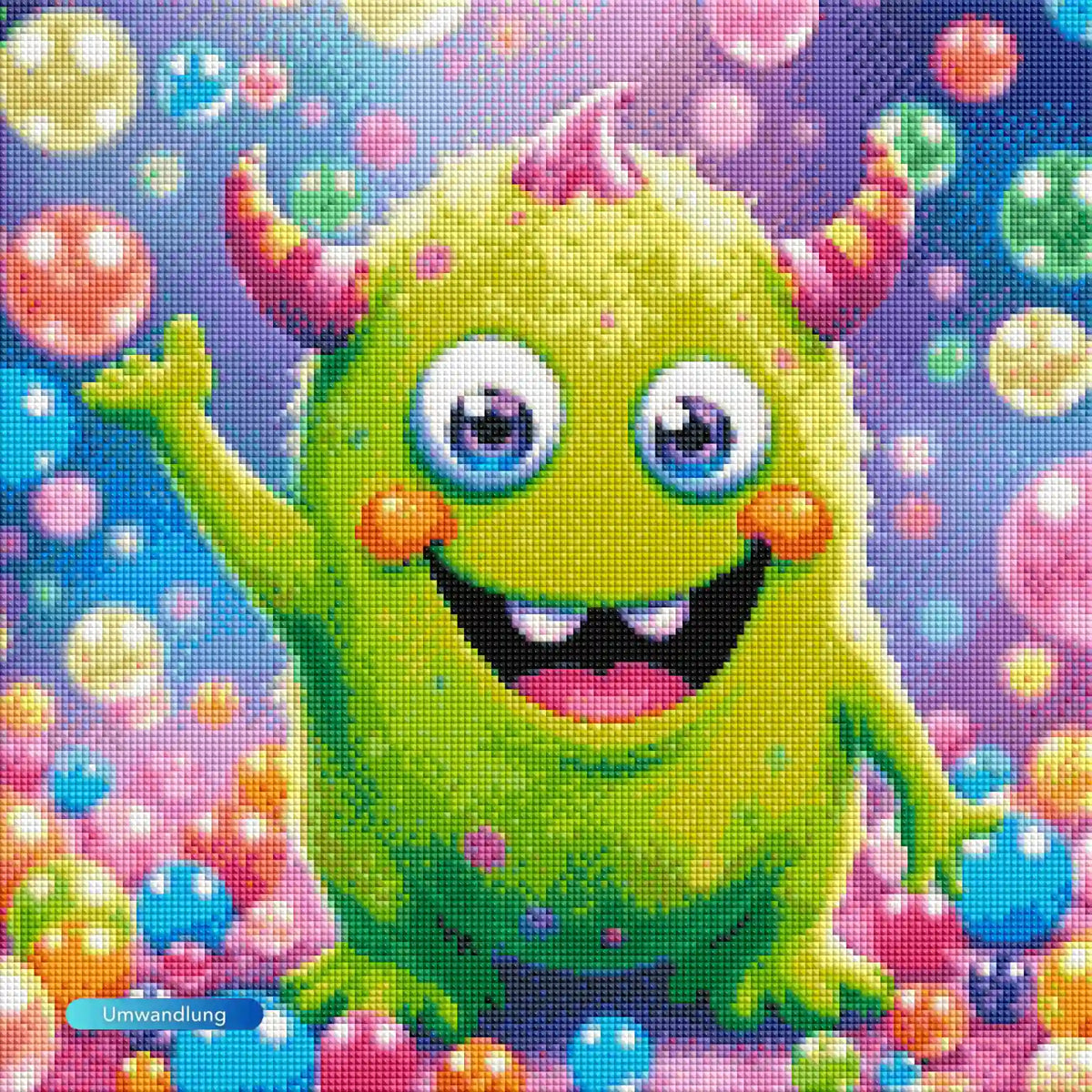 Diamond Painting Set Motiv Seppel: Buntes, niedliches Comic-Monster mit großen Augen und leuchtenden Seifenblasen