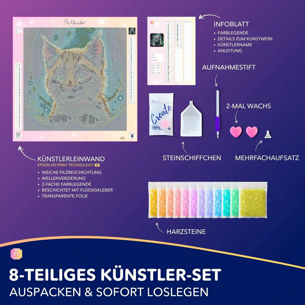 Diamond Painting Set Seele des Waldes mit Luchs-Motiv, Leinwand, bunten Harzsteinen und Zubehör für DIY Kunstprojekte