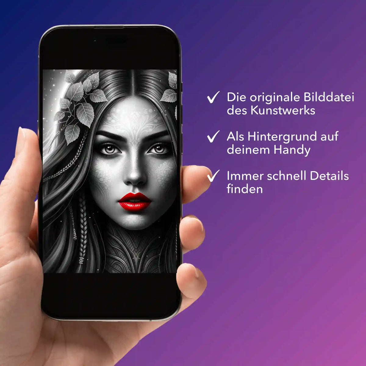 Digitale Picmondoo Bildmappe mit Red Lips Diamond Painting Motiv auf Smartphone-Display zur Ansicht von Details