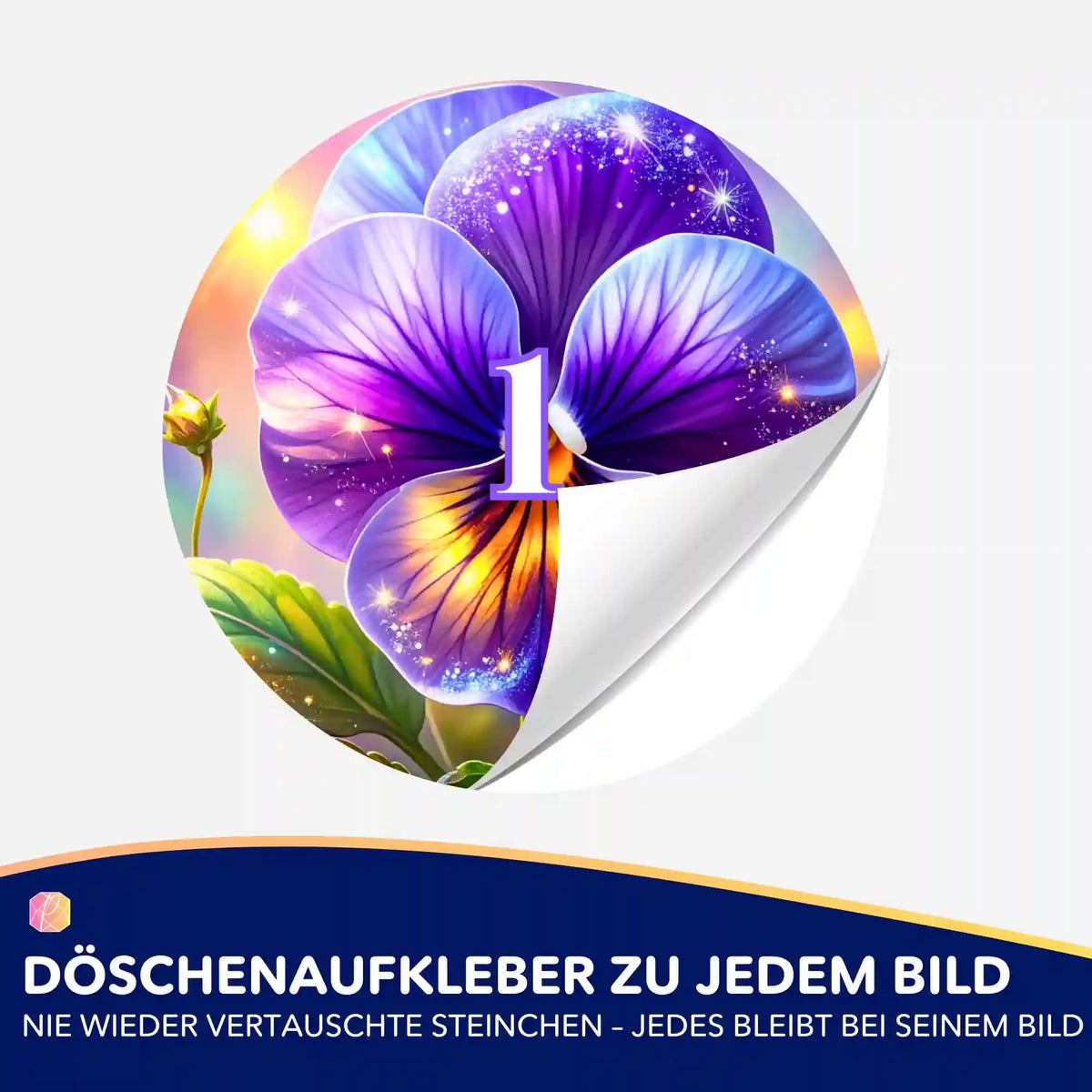 Runder Döschenaufkleber mit Sternenveilchen-Motiv für die Diamond Painting Sortierung
