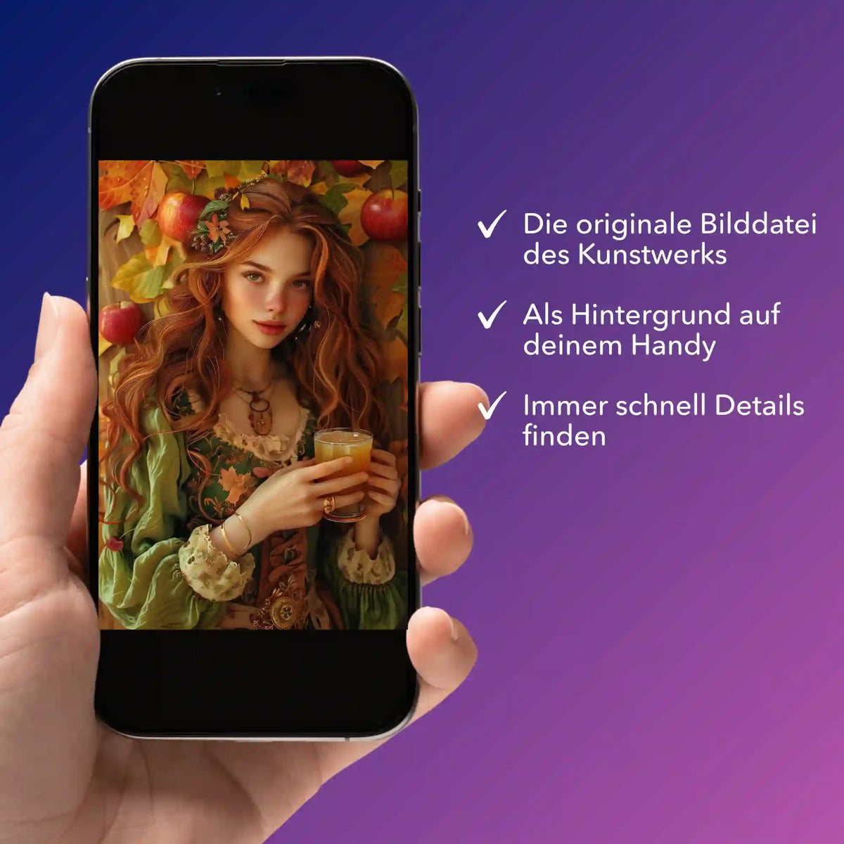 Digitale Bildmappe für Diamond Painting Motiv Apfelmädchen Ruby auf Smartphone mit Kunstwerk-Details