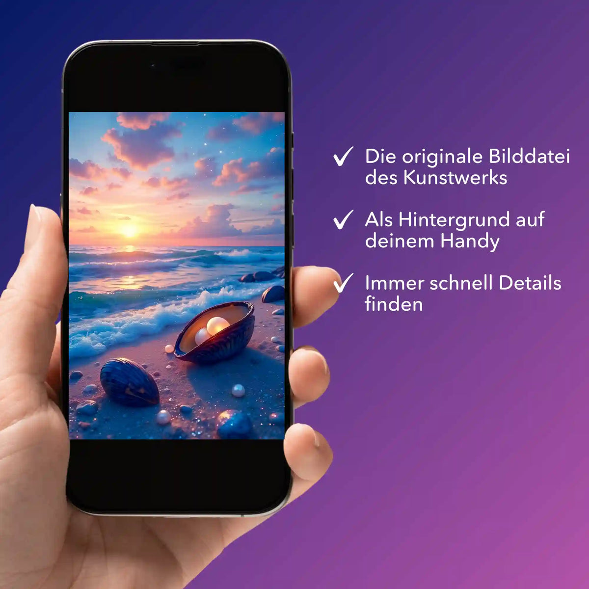 Digitale Diamond Painting Bildmappe Strandliebe als PDF-Download auf einem Smartphone-Display angezeigt