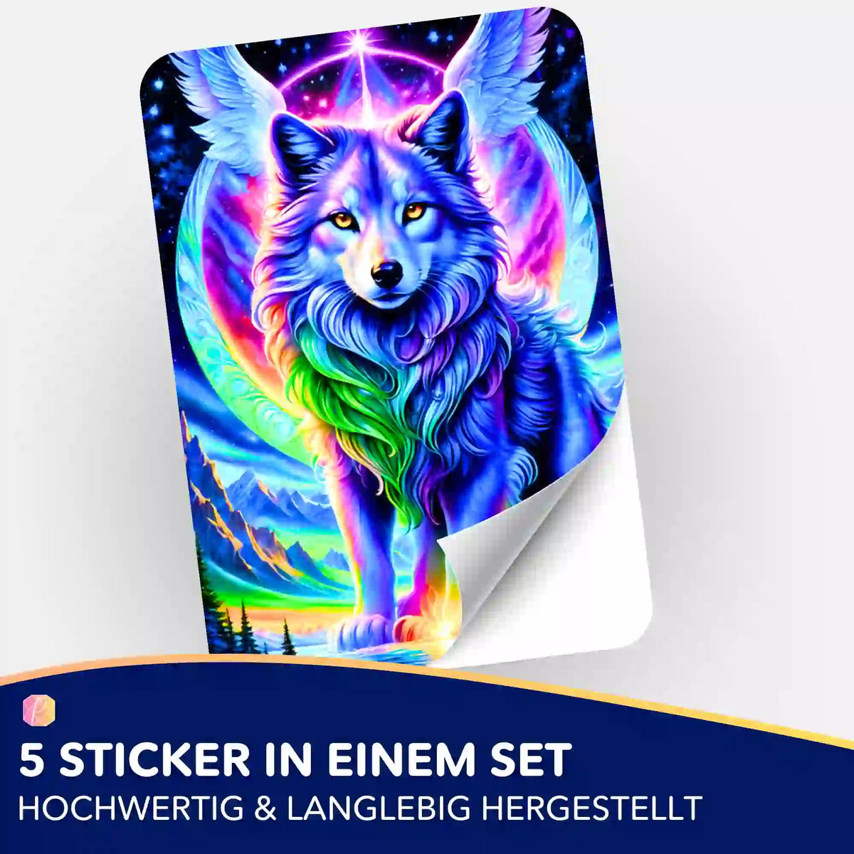 5er-Set Sticker mit buntem Wolf-Motiv Geflügelter Wächter als Zubehör für Diamond Painting und Bastelprojekte