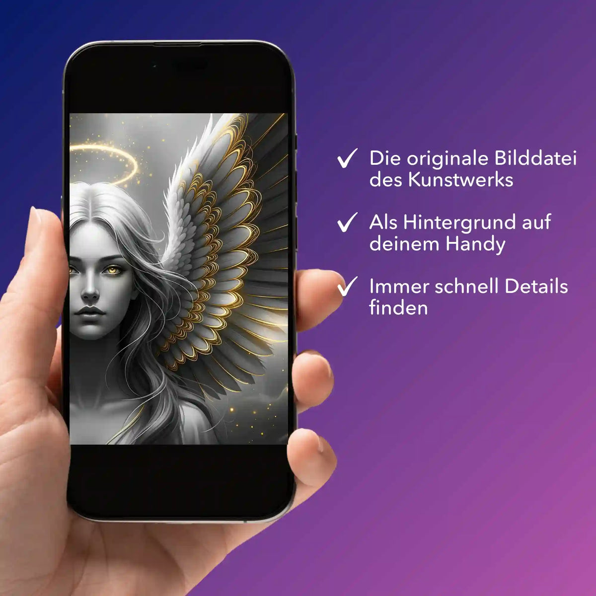 Digitale Bildmappe Golden Angel für Diamond Painting auf Smartphone präsentiert mit Engelsmotiv
