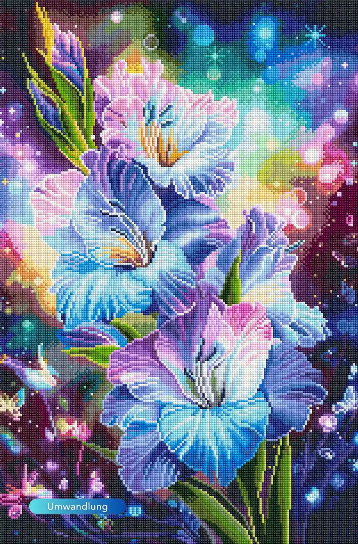 Diamond Painting Set Gladiole mit bunten Blüten in Regenbogenfarben und magischer Atmosphäre
