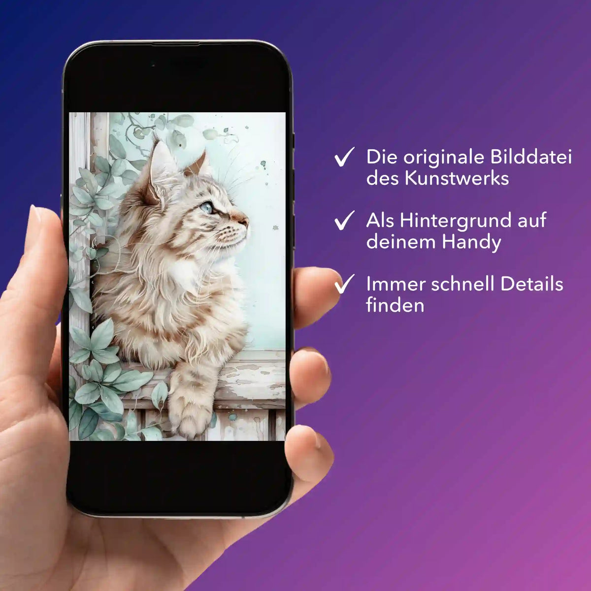 Digitale Bildmappe für Diamond Painting Motiv Kater Cosimo auf dem Smartphone als Hintergrundbild für kreative Details