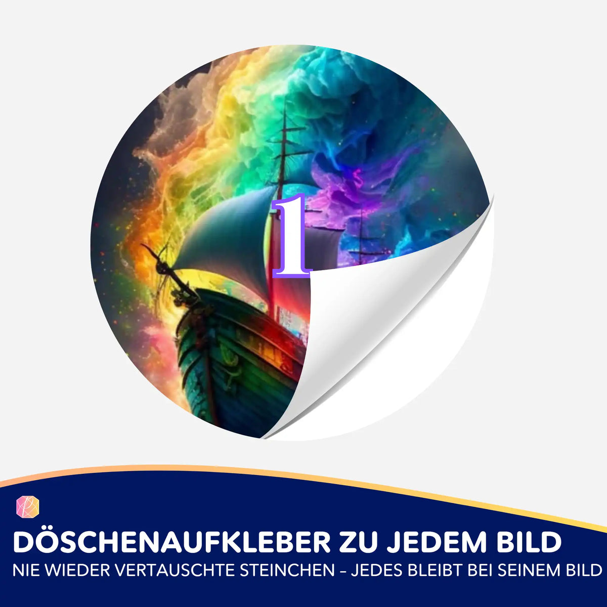 Bunter Döschenaufkleber mit Schiffs-Motiv zur Organisation von Diamond Painting Steinchen