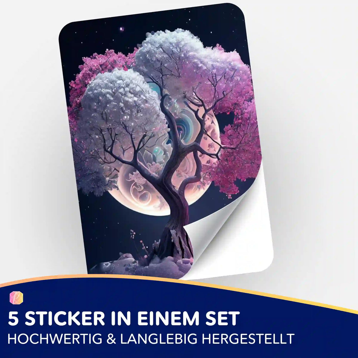 Pink Tree at Night Aufkleber-Set für Diamond Painting Fans, 5 hochwertige Sticker mit Baum-Motiv im Nachtdesign