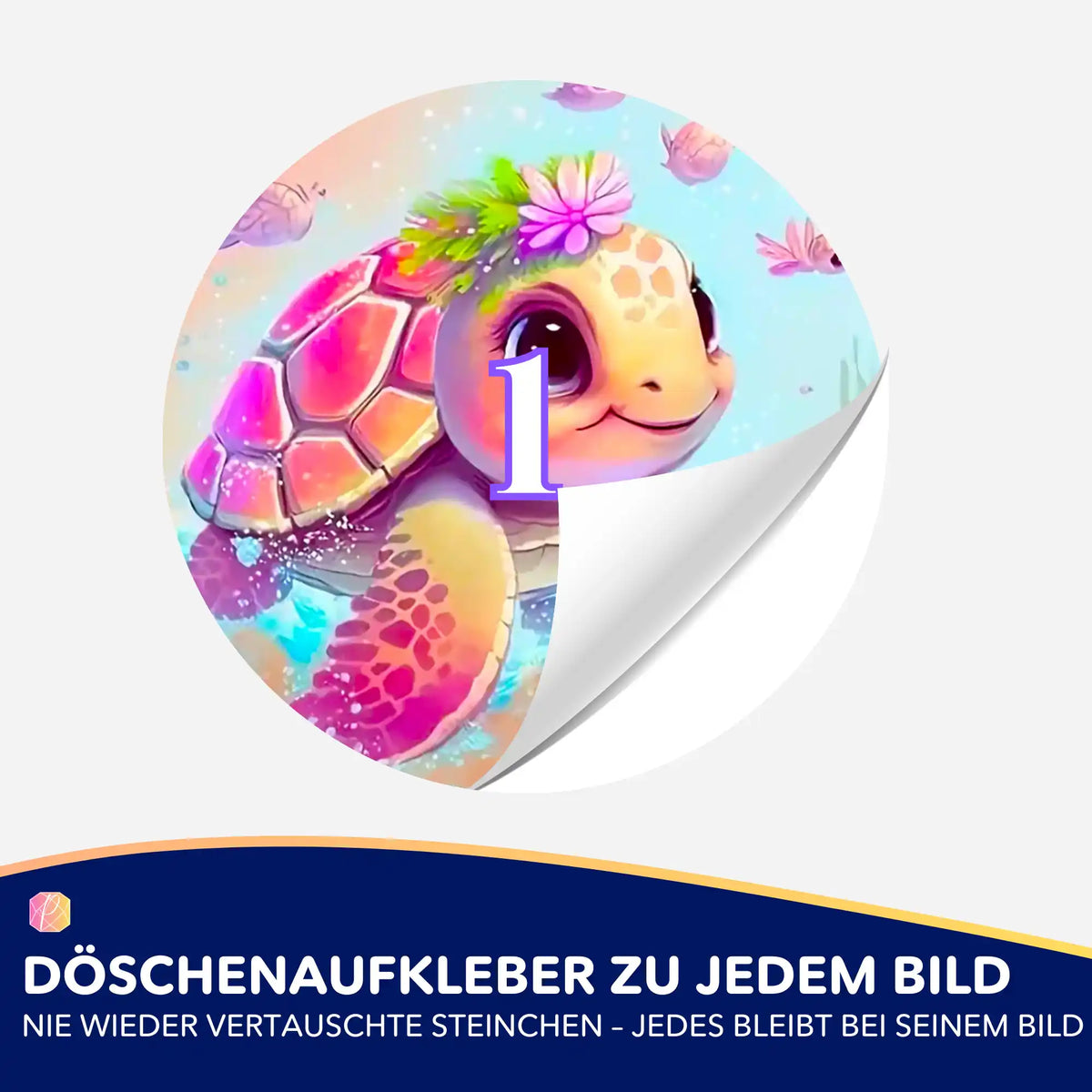 Bunter Döschenaufkleber mit Schildkrötenmädchen Motiv zur Organisation von Steinchen für dein Diamond Painting Zubehör
