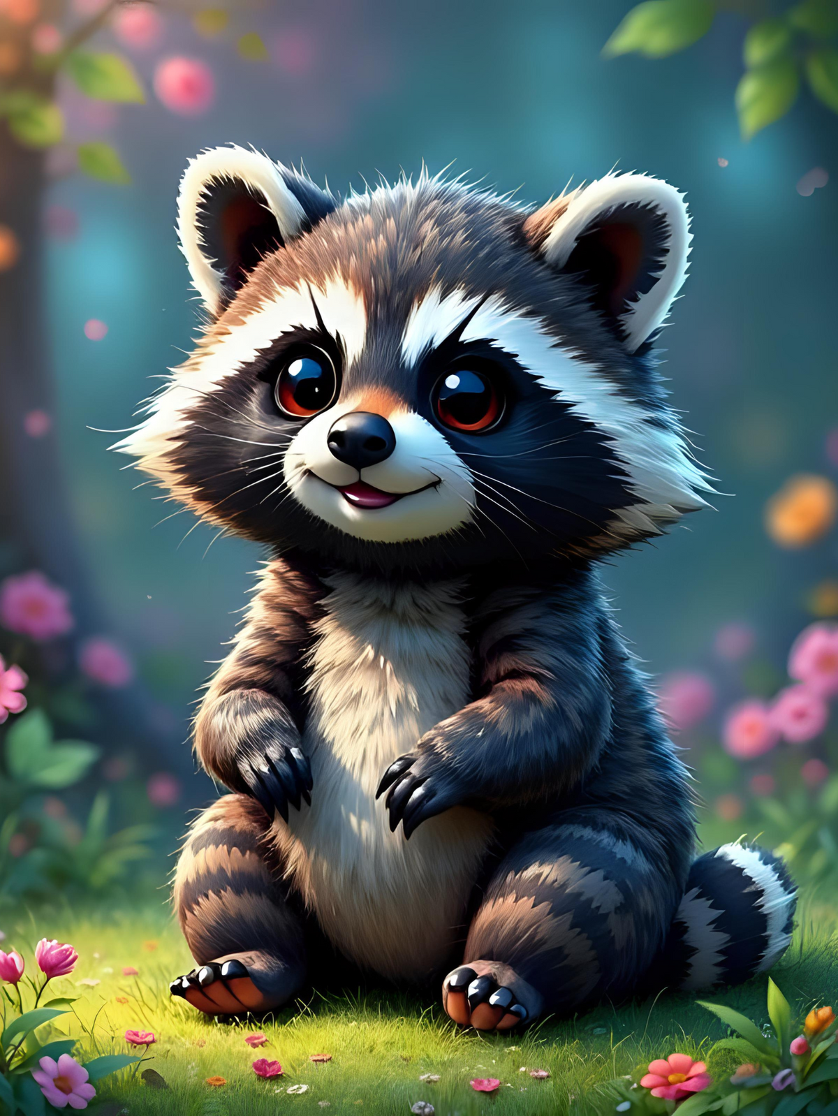 Diamond Painting Set eines süßen Waschbären namens Brownie, sitzend auf bunter Blumenwiese im Wald.