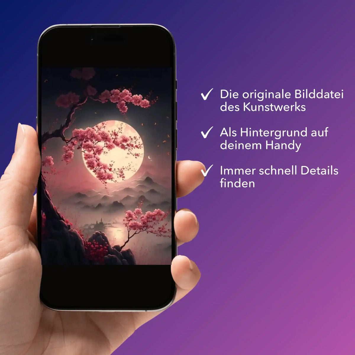 Digitale Bildmappe für Diamond Painting Motiv Kirschblüten im Mondschein auf Smartphone angezeigt