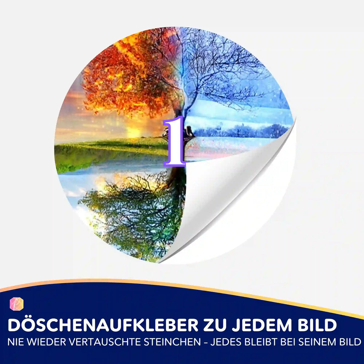 Bunte Diamond Painting Döschenaufkleber mit Baum der 4 Jahreszeiten Motiv zur Sortierung von Diamanten Steinchen.