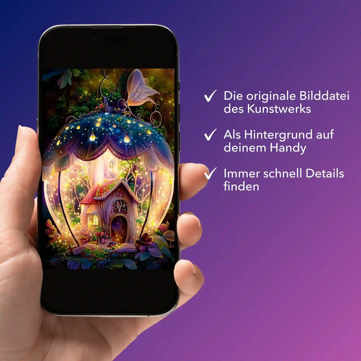 Smartphone mit digitaler Bildmappe vom Diamond Painting Fantasiehaus Motiv für Malen nach Zahlen Fans